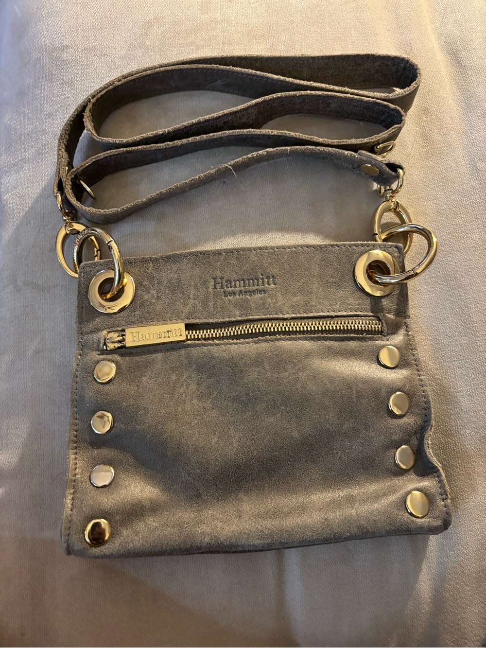Hammitt Small Crossbody in Gray Suede with Gold Hardware